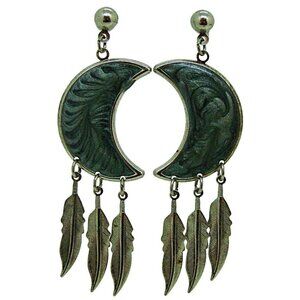 Green Teal Enamel Moon And Feather Dangle Drop Fashion Earrings Silver Tone 2.5"
